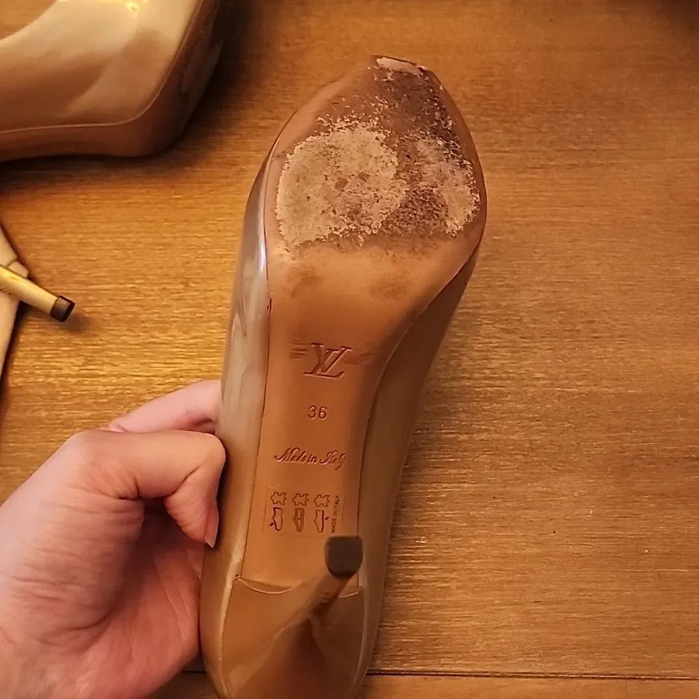 Authentic Louis Vuitton OH Really Tan Nude Peep Toe Pumps Heels Shoes Size 36